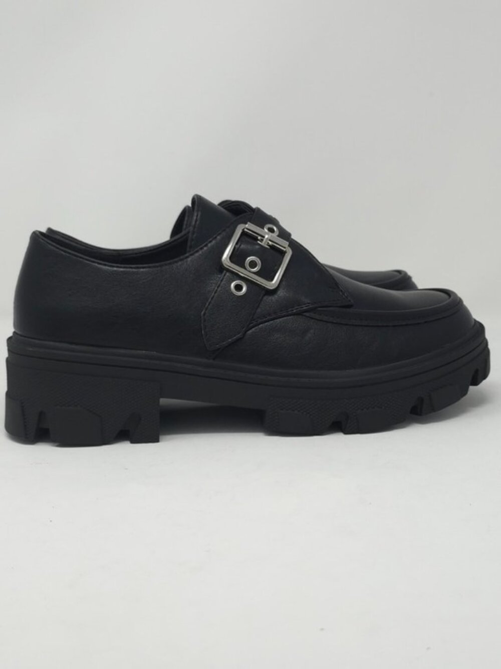 CHARCOAL PU Chunky Platform Loafers Buckle Strap Lug Sole Slip On Casual Trendy - Picture 3 of 10